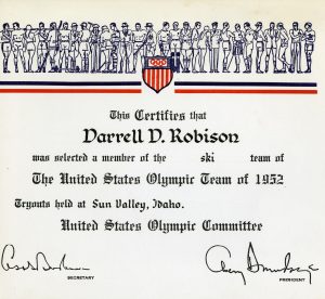 Darrell Robison’s 1952 U.S. Olympic Team certificate.