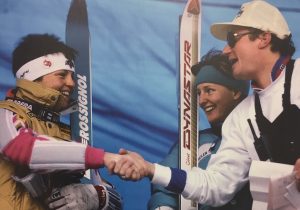 Craig Badami congratulates Erika Hess of Switzerland on winning the women’s GS World Cup during its first two years at Park City. The men’s GS run would later be renamed “Erika’s Gold.”